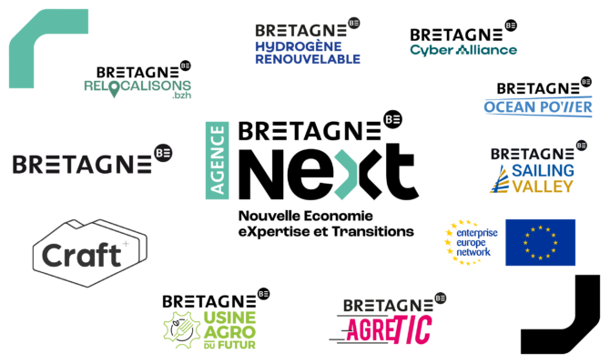 logo de l'agence bretagne next entouré des logos des projets et programmes gérés par l'agence