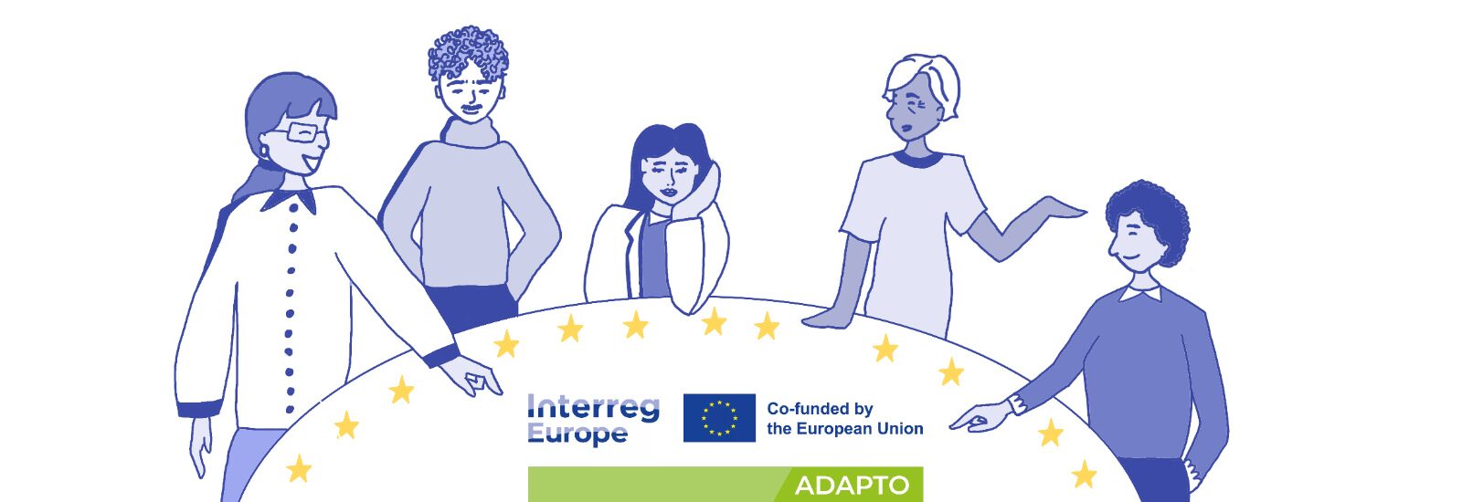 illustration de personnes autour d'une table avec le logo interreg europe adapto au centre