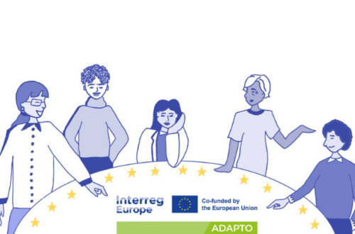 illustration de personnes autour d'une table avec le logo interreg europe adapto au centre